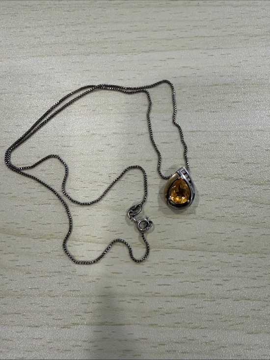 Jewelry - Sterling Silver Teardrop Citrine Pendant Necklace - Gold Amber Stone